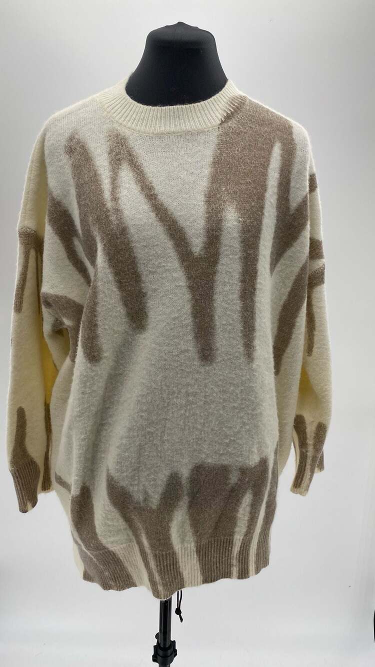 Scribble Print Drop Shoulder Fuzzy Knit Sweater in Ivory and Mocha